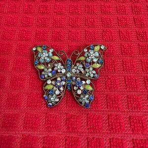 Vintage Butterfly Brooch – Aqua Blue & Green Rhinestone Filigree Pin